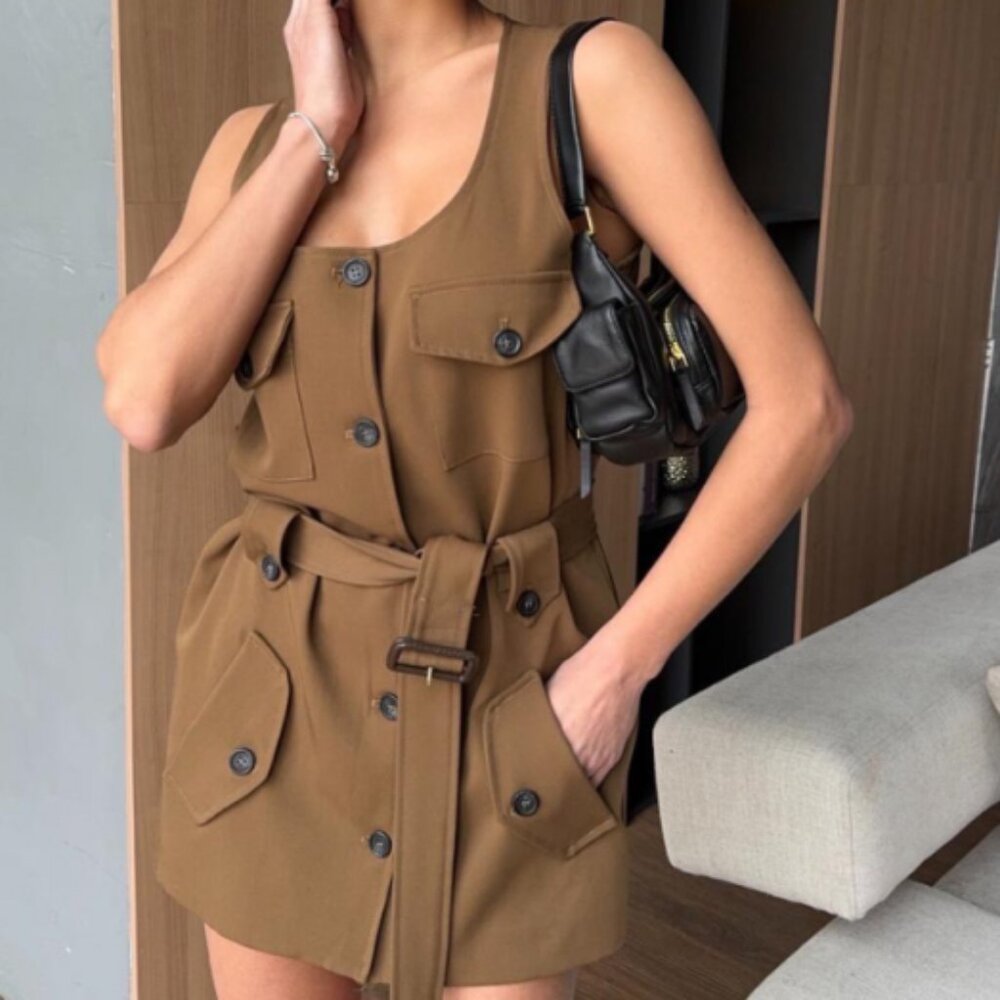 MIU MIU A short, sleeveless, brown gabardine dress